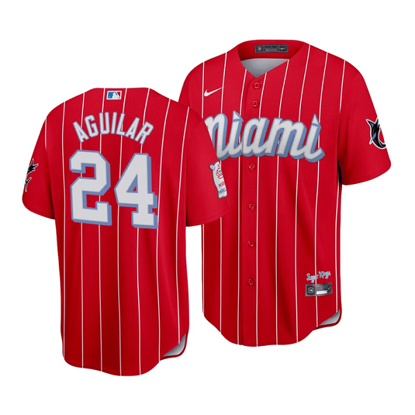 Men's Miami Marlins #24 Jesus Aguilar 2021 Red City Connect Cool Base Stitched Jersey